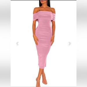 Ruched Bodycon Off Shoulder Midi Dress size L   Dark Pink